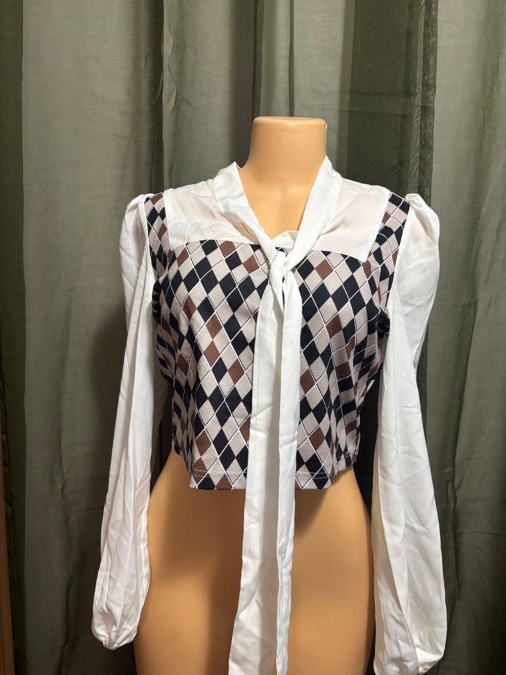 Women's White Tie-Neck Argyle Crop Top